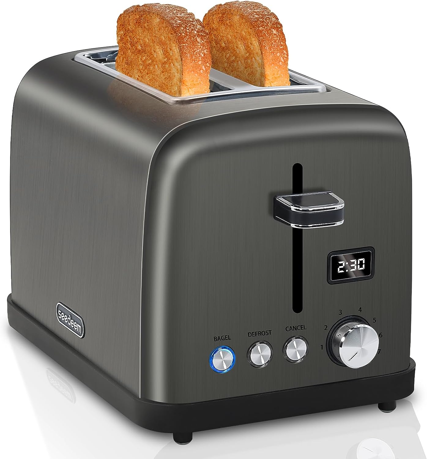 SEEDEEM Toaster 2 Slice, Stainless Steel Bread Toaster, LCD Display, 7 Shade Settings, 1.4'' Wide Slots, Digital Toaster for Bagel, Defrost, Reheat Functions, Removable Crumb Tray, 900W, Dark Metallic