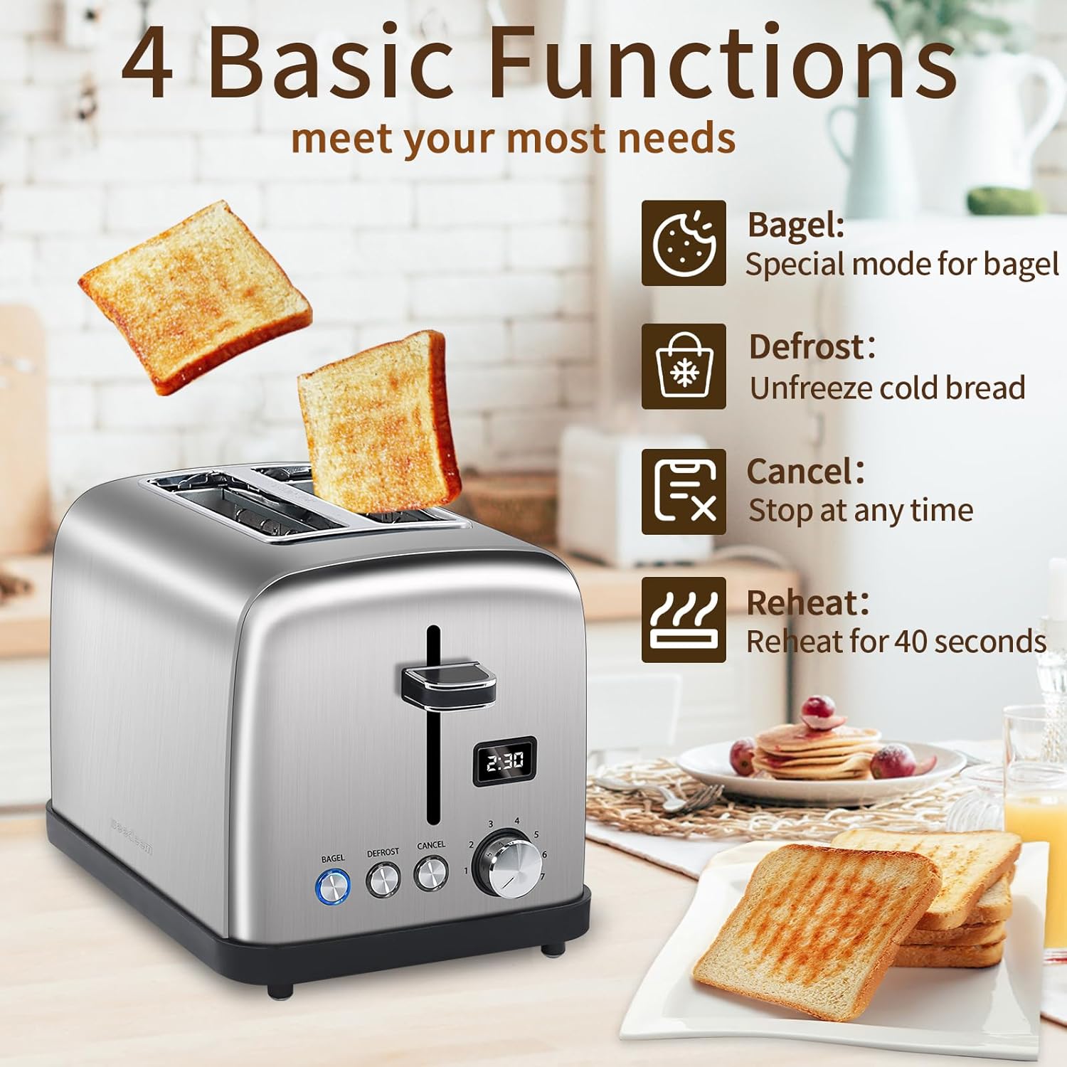 SEEDEEM Toaster 2 Slice, Stainless Steel Bread Toaster, LCD Display, 7 Shade Setting, 1.4'' Wide Slots, Digital Toaster for Bagel, Defrost, Reheat Function, Removable Crumb Tray, 900W, Silver Metallic