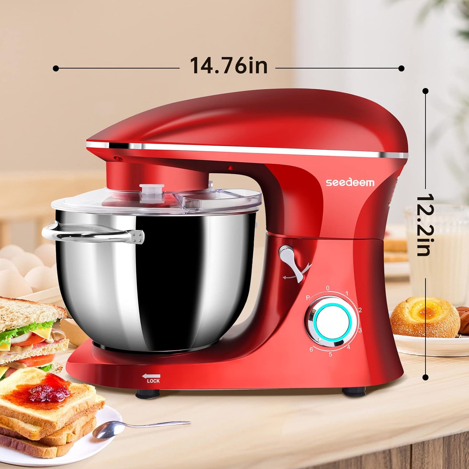 Seedeem Stand Mixer, 6Qt Electric Food Mixer, 660W 6-Speeds Tilt-Head Dough Mixers with Dishwasher-Safe Dough Hook, Wire Whip & Beater for Daily Use, Red