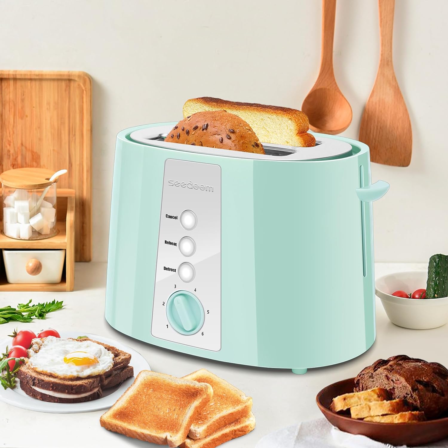 SEEDEEM Toaster 2 Slice, Extra Wide Slot Toaster, 6 Shade Settings, Bread Toaster with Cancel, Defrost, Reheat Function, Extra Wide Slots for Waffle or Bagel, Removable Crumb Tray, 750W, Azure Blue