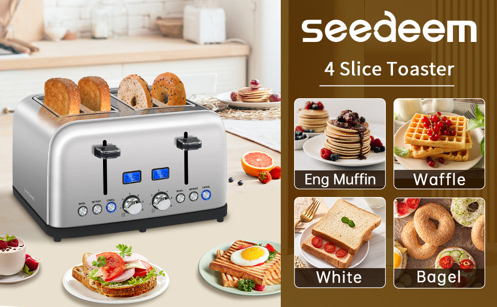 SEEDEEM Toaster 4 Slice, LCD Display, 6 Shade Settings Stainless Toaster, 1.5'' Wide Slots, Digital Toaster for Bagel, Defrost, Reheat, Dual Control, Removable Crumb Tray, 1500W, Silver Metallic