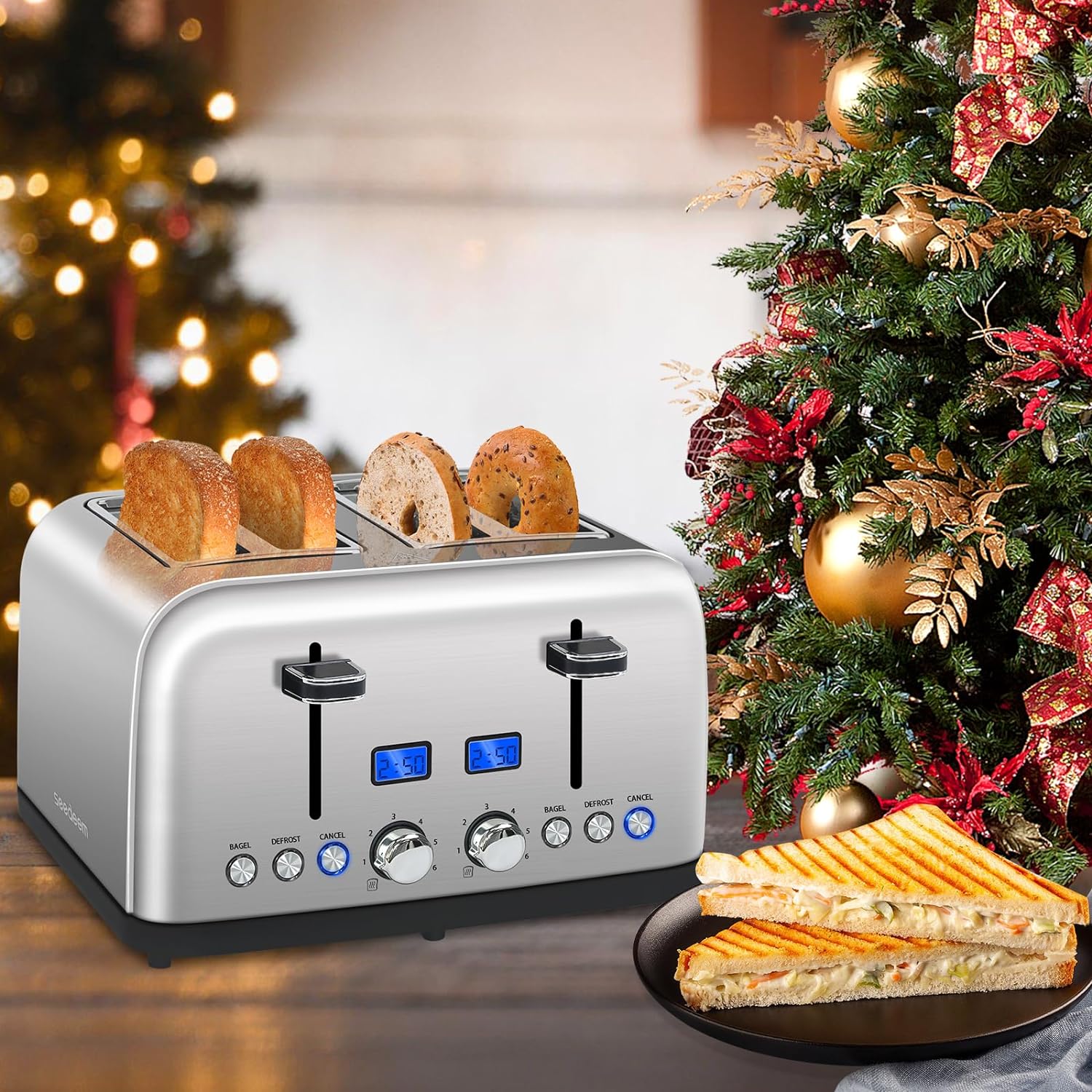 SEEDEEM Toaster 4 Slice, LCD Display, 6 Shade Settings Stainless Toaster, 1.5'' Wide Slots, Digital Toaster for Bagel, Defrost, Reheat, Dual Control, Removable Crumb Tray, 1500W, Silver Metallic