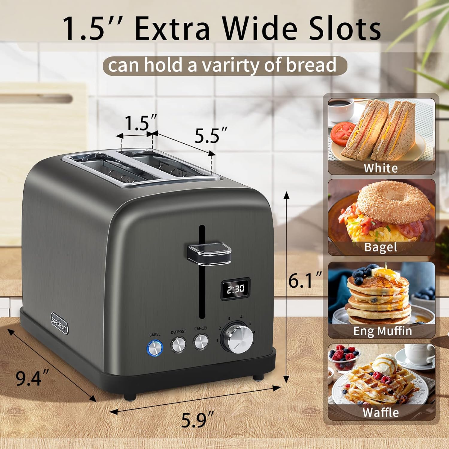 SEEDEEM Toaster 2 Slice, Stainless Steel Bread Toaster, LCD Display, 7 Shade Settings, 1.4'' Wide Slots, Digital Toaster for Bagel, Defrost, Reheat Functions, Removable Crumb Tray, 900W, Dark Metallic