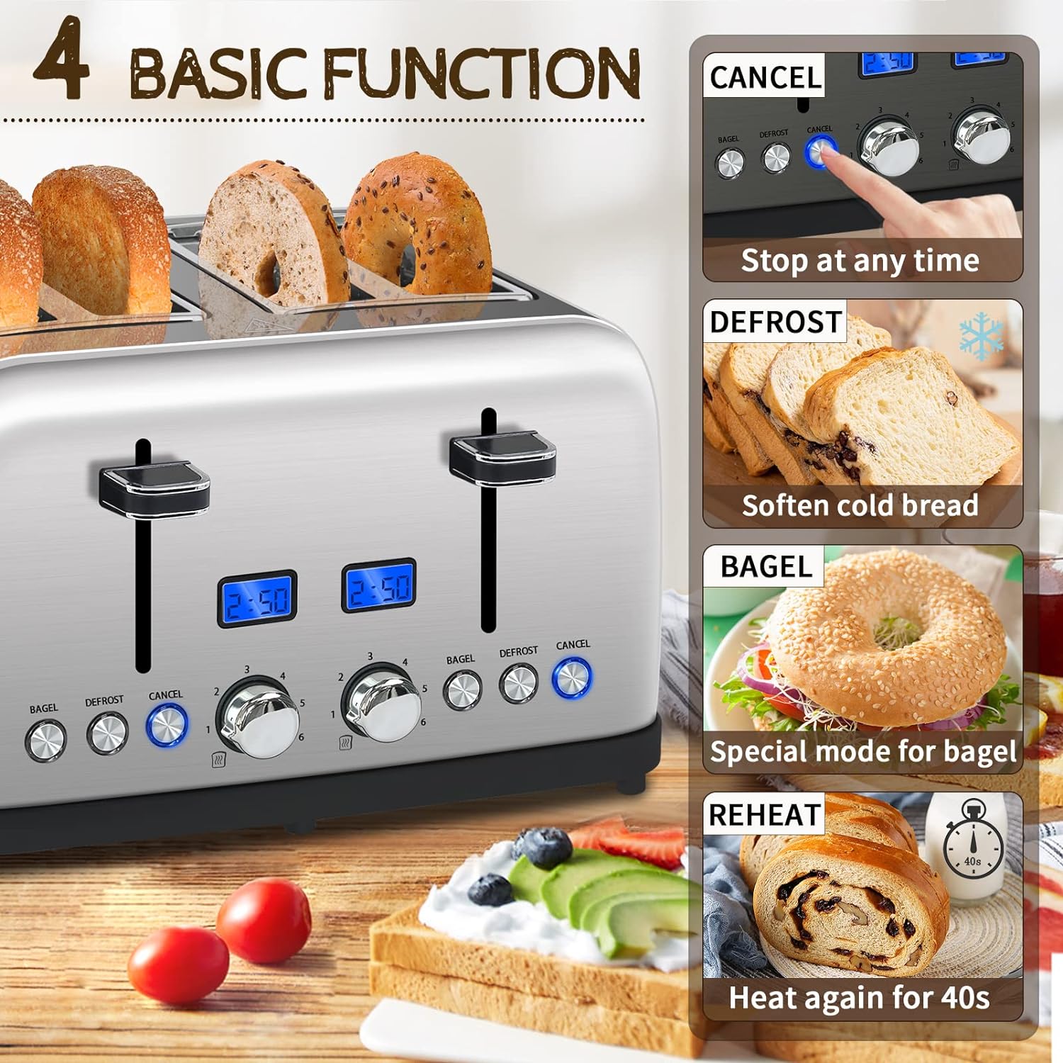 SEEDEEM Toaster 4 Slice, LCD Display, 6 Shade Settings Stainless Toaster, 1.5'' Wide Slots, Digital Toaster for Bagel, Defrost, Reheat, Dual Control, Removable Crumb Tray, 1500W, Silver Metallic