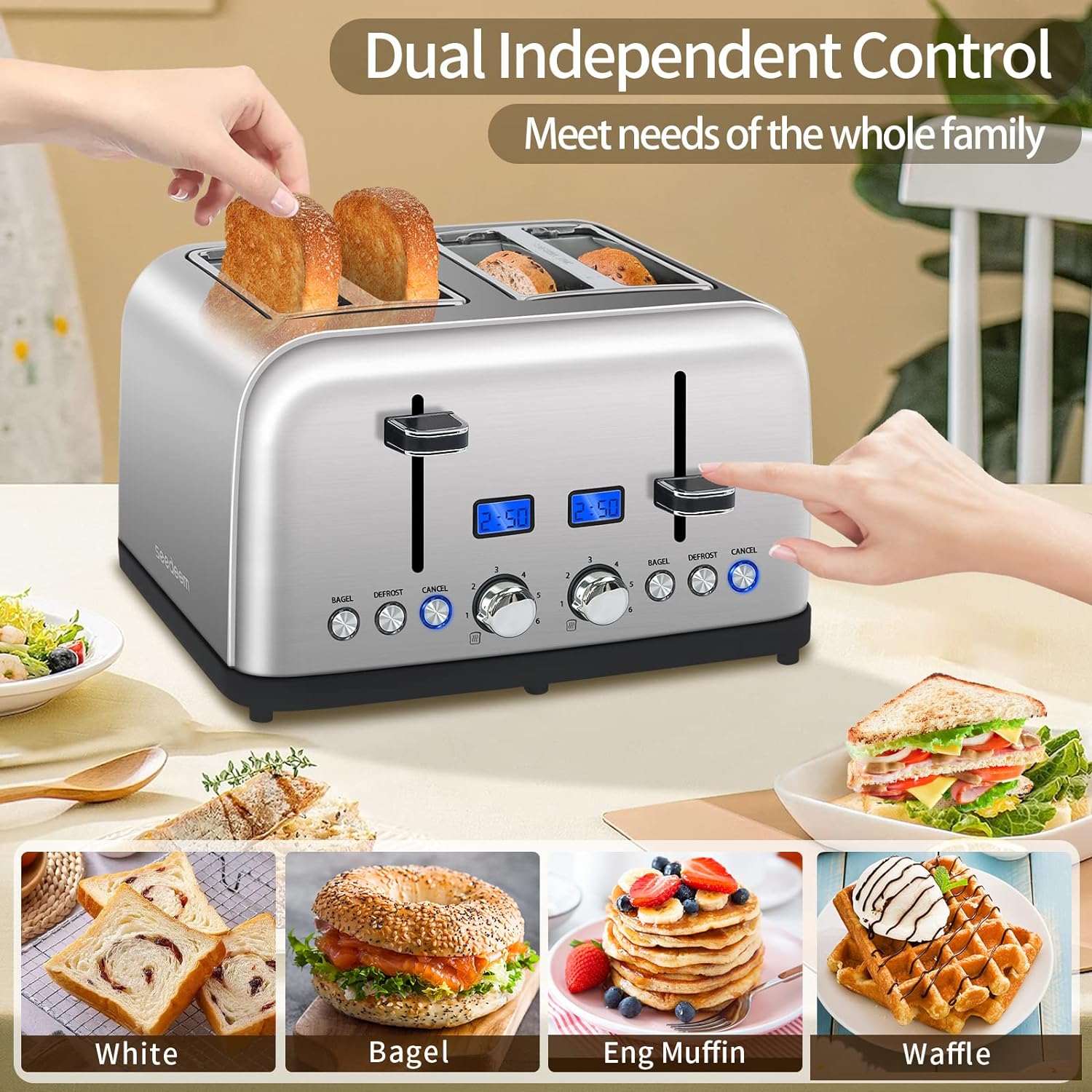 SEEDEEM Toaster 4 Slice, LCD Display, 6 Shade Settings Stainless Toaster, 1.5'' Wide Slots, Digital Toaster for Bagel, Defrost, Reheat, Dual Control, Removable Crumb Tray, 1500W, Silver Metallic