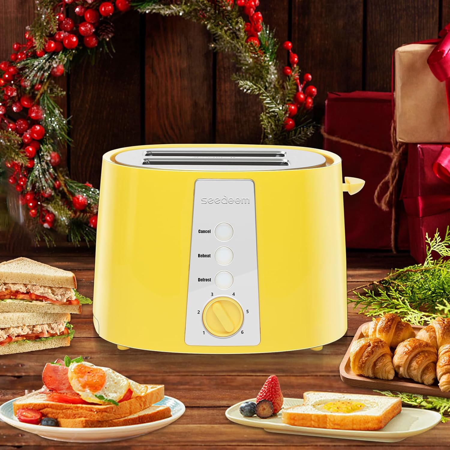 SEEDEEM Toaster 2 Slice, Extra Wide Slot Toaster, 6 Shade Settings, Bread Toaster with Cancel, Defrost, Reheat Function, Extra Wide Slots for Waffle or Bagel, Removable Crumb Tray, 750W, Lemon Yellow