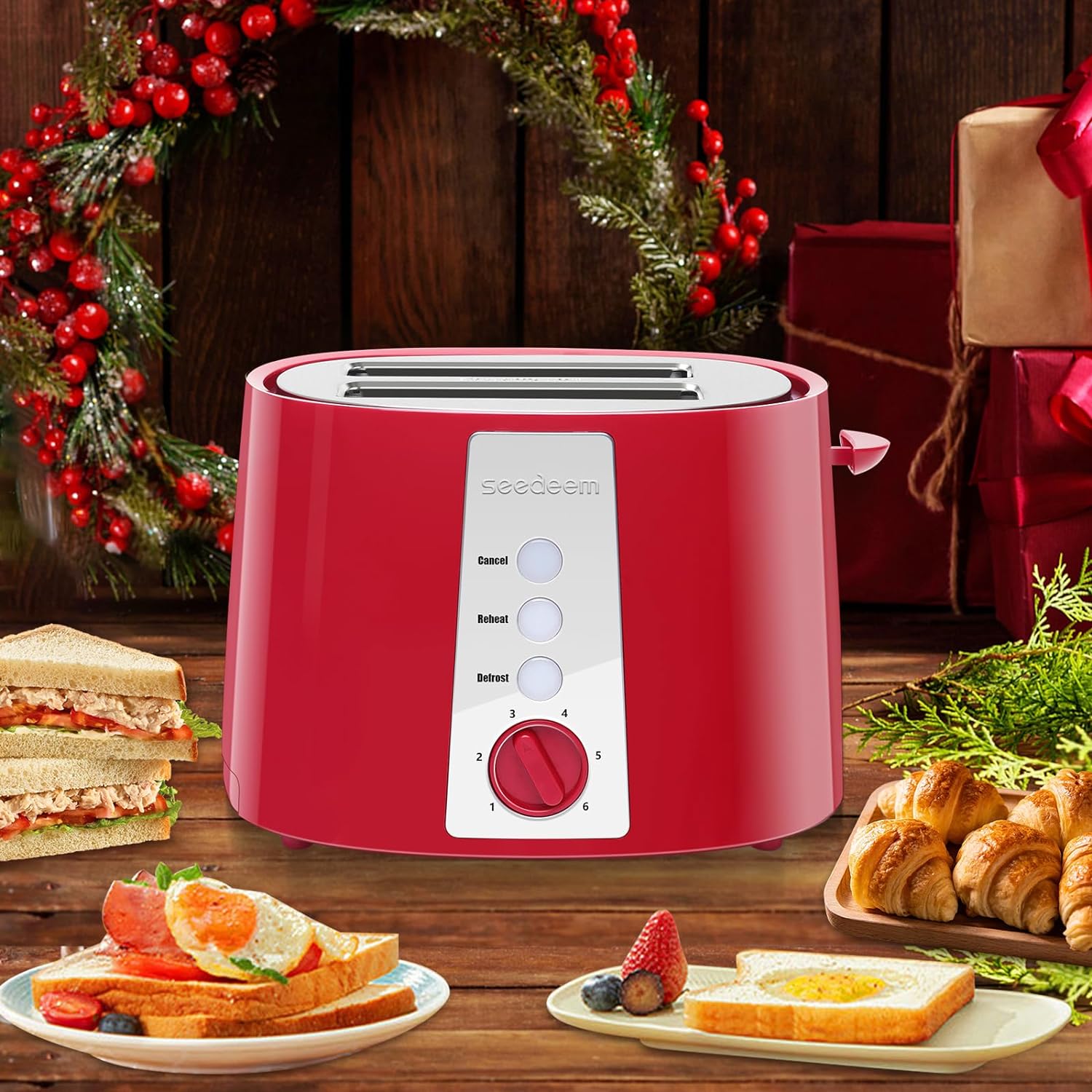 SEEDEEM Toaster 2 Slice, Extra Wide Slot Toaster, 6 Shade Settings, Bread Toaster with Cancel, Defrost, Reheat Function, Extra Wide Slots for Waffle or Bagel, Removable Crumb Tray, 750W, Retro Red