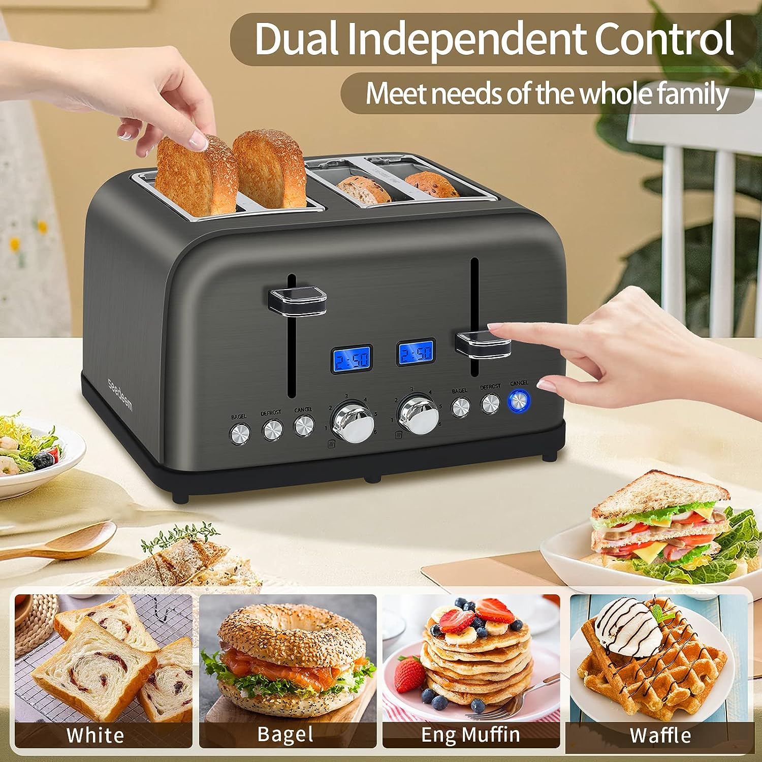 SEEDEEM Toaster 4 Slice, LCD Display, 6 Shade Settings Stainless Toaster, 1.5'' Wide Slots, Digital Toaster for Bagel, Defrost, Reheat, Dual Control, Removable Crumb Tray, 1500W, Dark Metallic