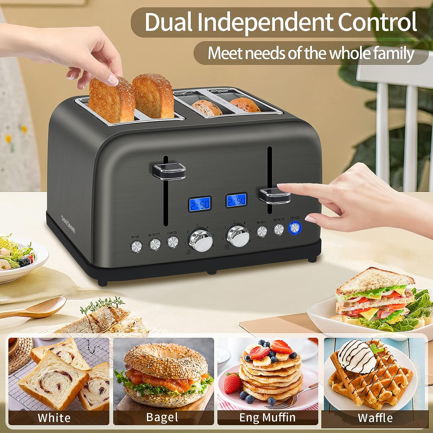 SEEDEEM Toaster 4 Slice, LCD Display, 6 Shade Settings Stainless Toast ...
