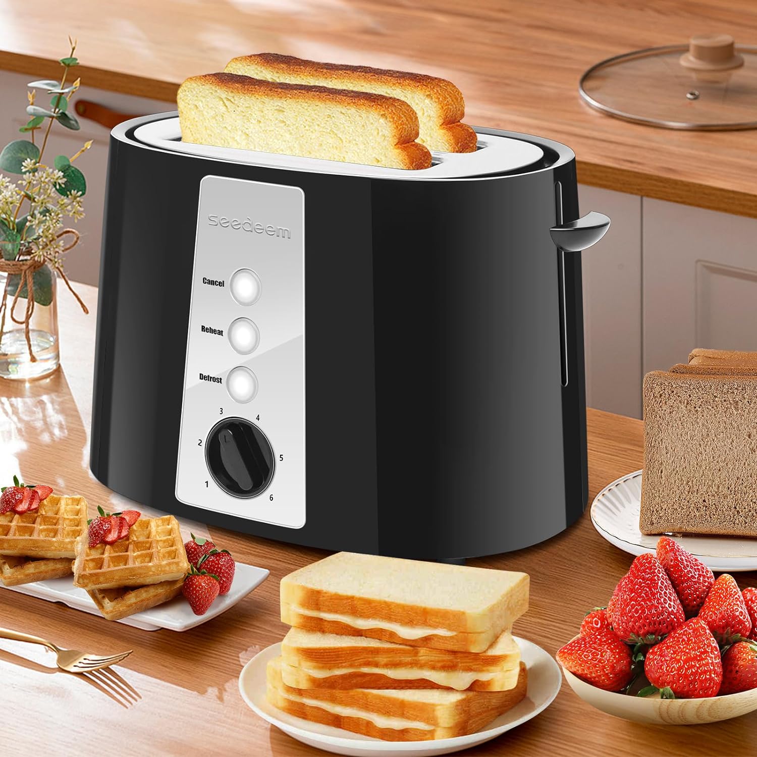 SEEDEEM Toaster 2 Slice, Extra Wide Slot Toaster, 6 Shade Settings, Bread Toaster with Cancel, Defrost, Reheat Function, Extra Wide Slots for Waffle or Bagel, Removable Crumb Tray, 750W, Classic Black