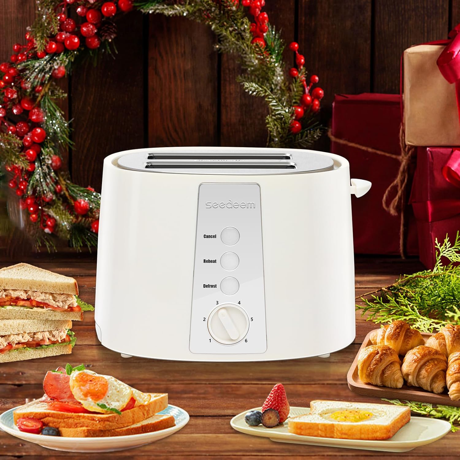 SEEDEEM Toaster 2 Slice, Extra Wide Slot Toaster, 6 Shade Settings, Bread Toaster with Cancel, Defrost, Reheat Function, Extra Wide Slots for Waffle or Bagel, Removable Crumb Tray, 750W, Cream White