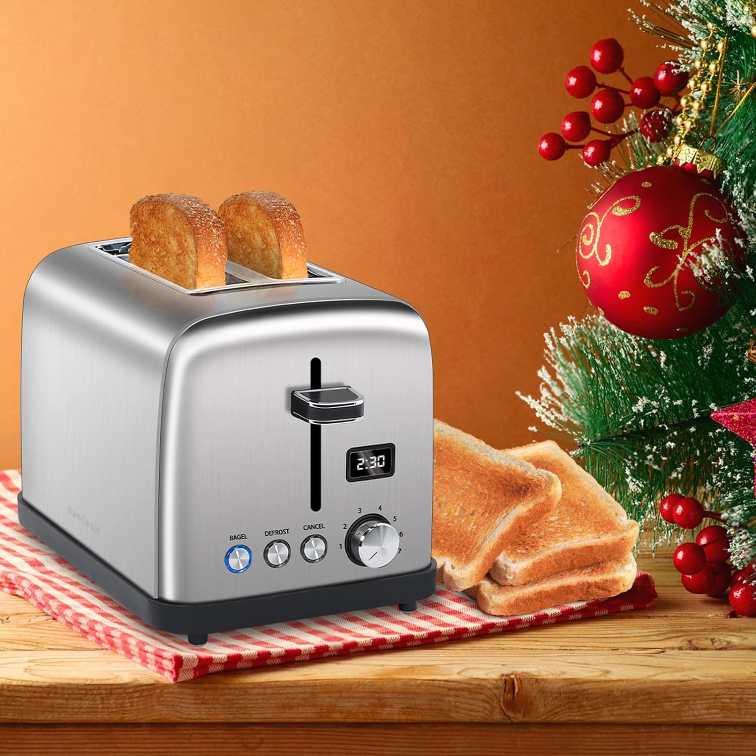 SEEDEEM Toaster 2 Slice, Stainless Steel Bread Toaster, LCD Display, 7 Shade Setting, 1.4'' Wide Slots, Digital Toaster for Bagel, Defrost, Reheat Function, Removable Crumb Tray, 900W, Silver Metallic