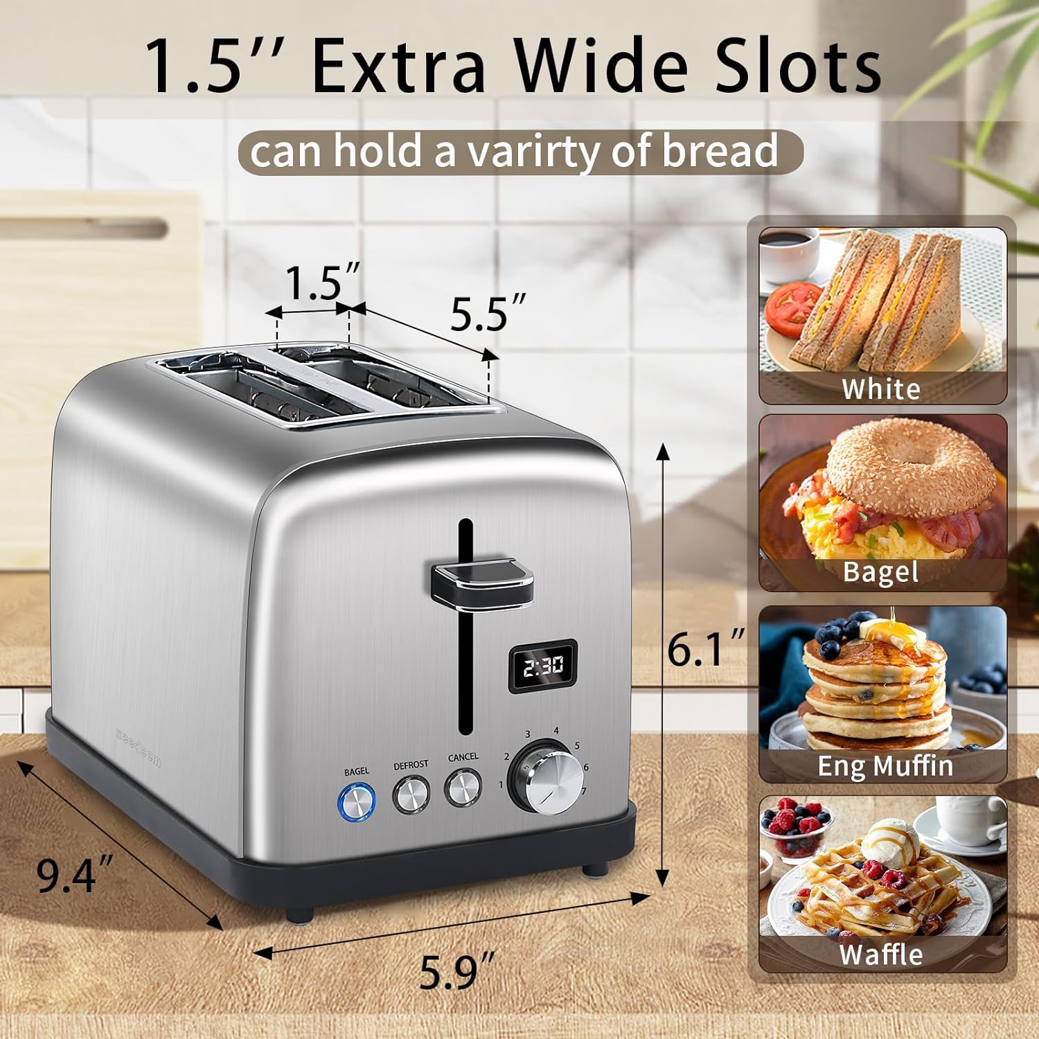 SEEDEEM Toaster 2 Slice, Stainless Steel Bread Toaster, LCD Display, 7 Shade Setting, 1.4'' Wide Slots, Digital Toaster for Bagel, Defrost, Reheat Function, Removable Crumb Tray, 900W, Silver Metallic