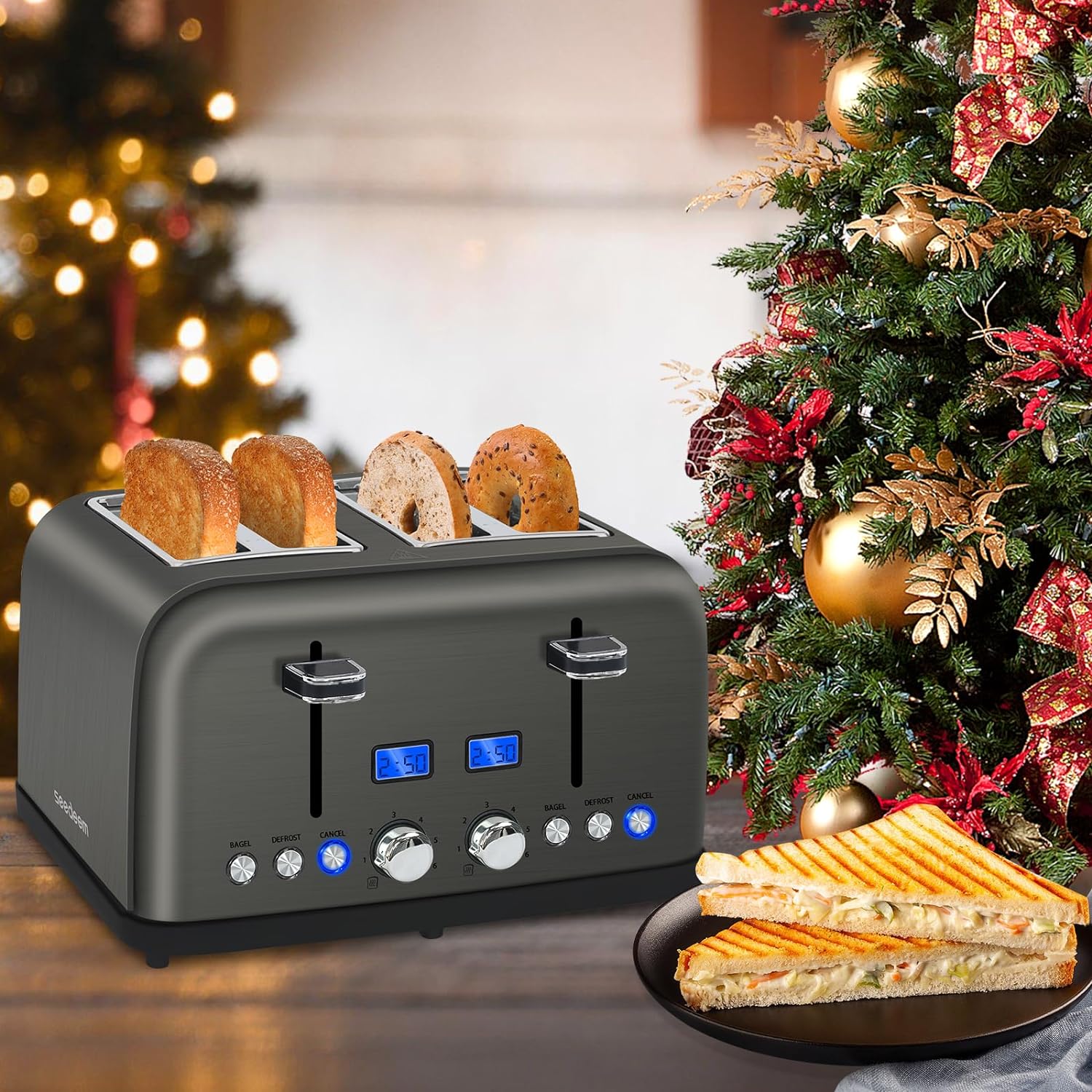 SEEDEEM Toaster 4 Slice, LCD Display, 6 Shade Settings Stainless Toaster, 1.5'' Wide Slots, Digital Toaster for Bagel, Defrost, Reheat, Dual Control, Removable Crumb Tray, 1500W, Dark Metallic