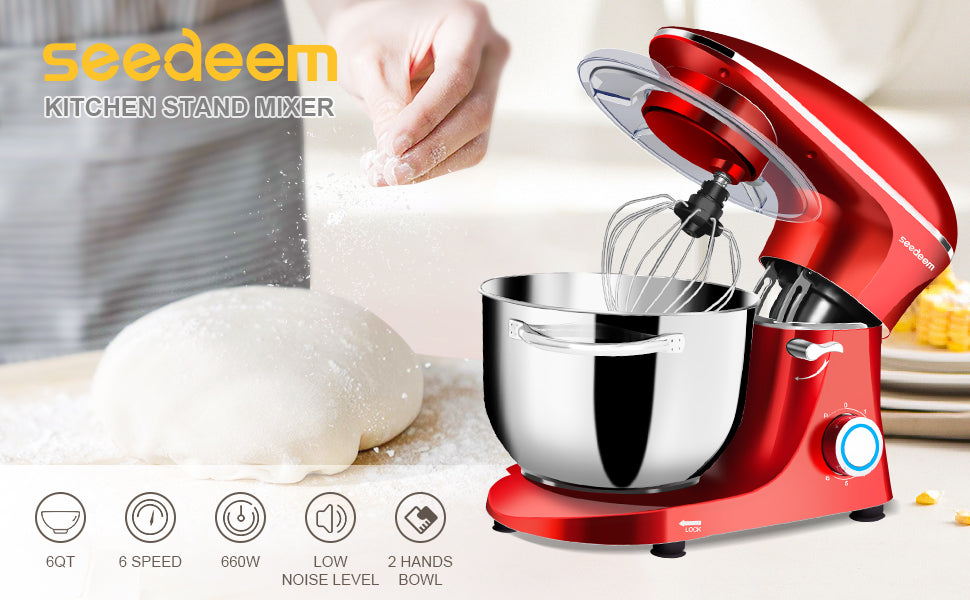 Seedeem Stand Mixer, 6Qt Electric Food Mixer, 660W 6-Speeds Tilt-Head Dough Mixers with Dishwasher-Safe Dough Hook, Wire Whip & Beater for Daily Use, Red