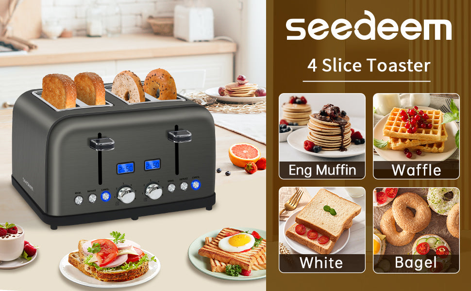 SEEDEEM Toaster 4 Slice, LCD Display, 6 Shade Settings Stainless Toaster, 1.5'' Wide Slots, Digital Toaster for Bagel, Defrost, Reheat, Dual Control, Removable Crumb Tray, 1500W, Dark Metallic