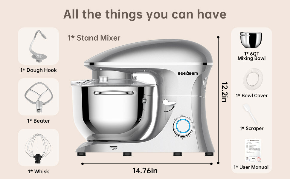 Seedeem Stand Mixer, 6Qt Electric Food Mixer, 660W 6-Speeds Tilt-Head Dough Mixers with Dishwasher-Safe Dough Hook, Wire Whip & Beater for Daily Use, Silver