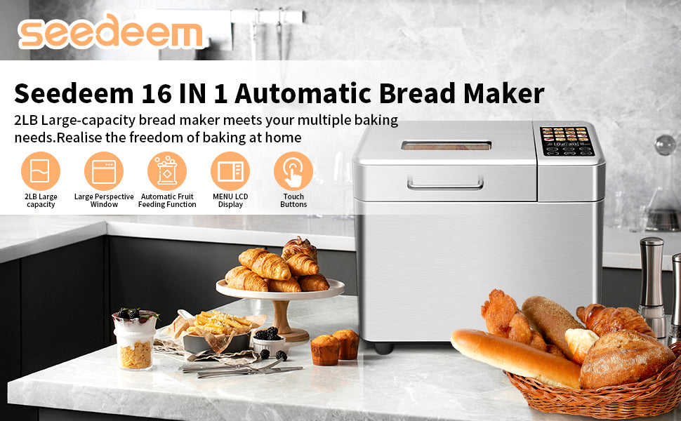 SEEDEEM 16-in-1 Bread Machine, 2.2LB Stainless Steel Bread Maker with Fruit and Nut Dispenser, Nonstick Ceramic Pan, 3 Crust Colors & 3 Loaf Sizes, Touch Panel, Recipes, Silver