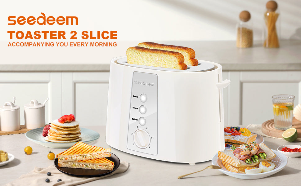 SEEDEEM Toaster 2 Slice, Extra Wide Slot Toaster, 6 Shade Settings, Bread Toaster with Cancel, Defrost, Reheat Function, Extra Wide Slots for Waffle or Bagel, Removable Crumb Tray, 750W, Cream White