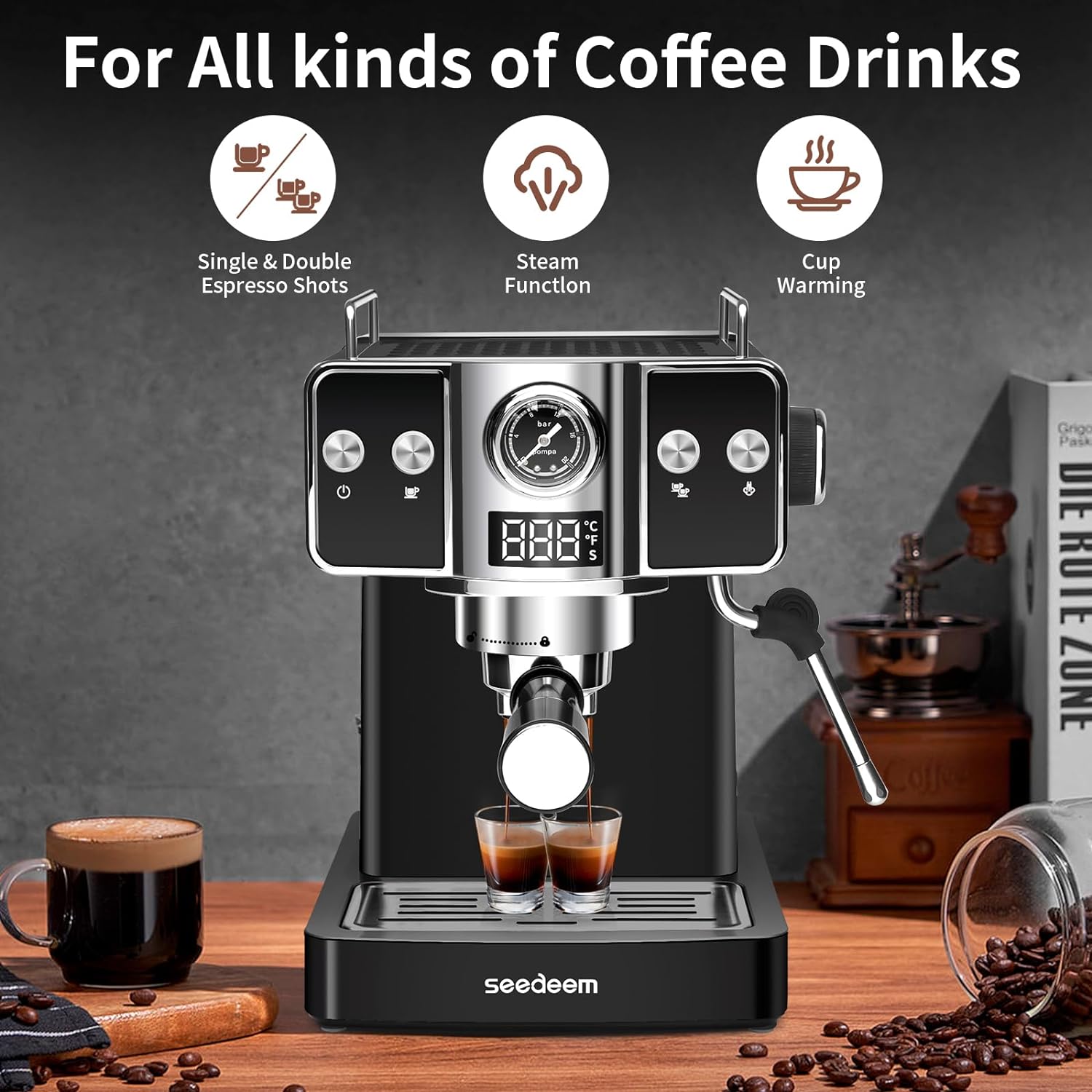 SEEDEEM Espresso Machine,20 Bar Espresso Maker with Milk Frother,Stainless Steel Latte and Cappuccino Machine with 1.8L(60 Fl Oz) Removable Water Tank- Black