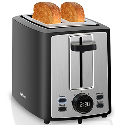 SEEDEEM Toaster 2 Slice, Bread Toaster with LCD Display, 7 Shade Settings, 1.４'' Variable Extra Wide Slots, 900W, Carbon Black