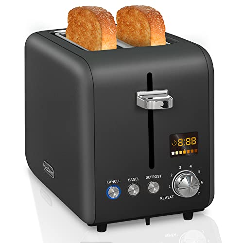 SEEDEEM Toaster 2 Slice, Stainless Steel Bread Toaster with Colorful LCD Display, 7 Bread Shade Settings, 1.4'' Wide,900W, Dark Chocolate