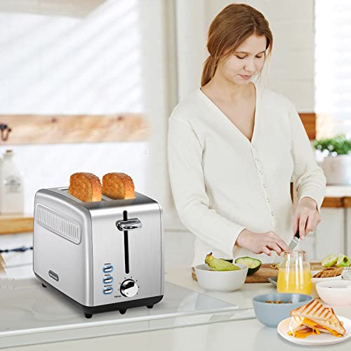 SEEDEEM Toaster 2 Slice, Stainless Steel Bread Toaster, 7 Shade Settings, 1.5'' Extra Wide Slots, Automatic Power-off, 900W, Silver Metallic