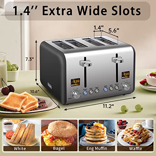 SEEDEEM Toaster 4 Slice, Stainless Steel Bread Toaster with Colorful LCD Display, 7 Bread Shade Settings, 1.4'' Wide,1800W, Dark Chocolate