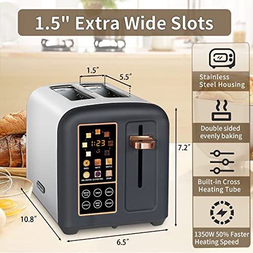 SEEDEEM Toaster 2 Slice, Stainless Steel Bread Toaster with LCD Display and Touch Buttons, 50% Faster Heating Speed, 1350W, Dark Choco