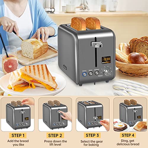 SEEDEEM Toaster 2 Slice, Stainless Steel Bread Toaster with Colorful LCD Display, 7 Bread Shade Settings, 1.4'' Wide,900W, Dark Metallic