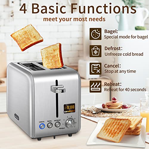 SEEDEEM Toaster 2 Slice, Stainless Steel Bread Toaster with Colorful LCD Display, 7 Bread Shade Settings, 1.4'' Wide,900W, Silver Metallic