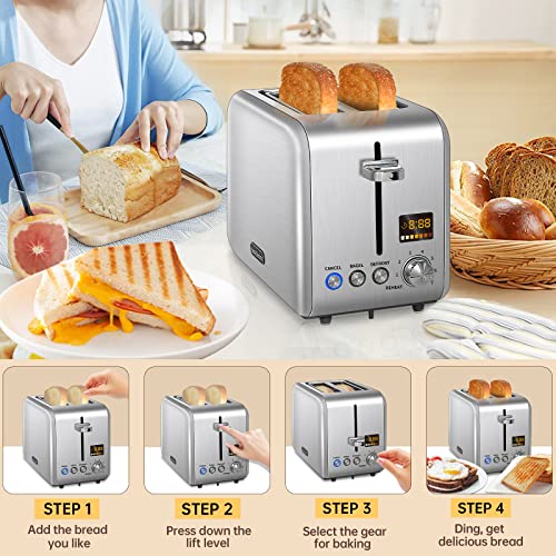 SEEDEEM Toaster 2 Slice, Stainless Steel Bread Toaster with Colorful LCD Display, 7 Bread Shade Settings, 1.4'' Wide,900W, Silver Metallic