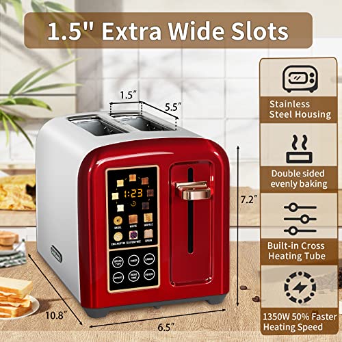 SEEDEEM Toaster 2 Slice, Stainless Steel Bread Toaster with Touch LCD  Display, 50% Faster Heating Speed, 6 Bread Selection, 7 Shade Settings,  1.5'' Extra Wide Slots Toaster, 1350W, Dark Cherry 