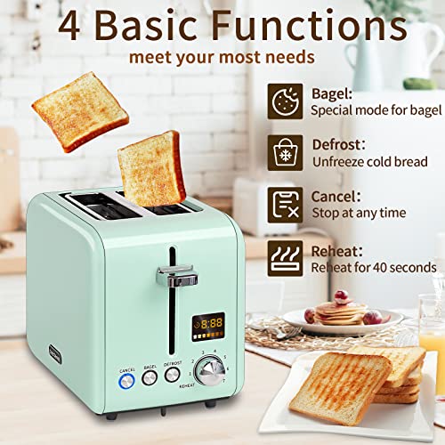 SEEDEEM Toaster 2 Slice, Stainless Steel Bread Toaster with Colorful LCD Display, 7 Bread Shade Settings, 1.4'' Wide,900W, Mint