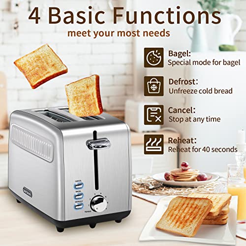 SEEDEEM Toaster 2 Slice, Stainless Steel Bread Toaster, 7 Shade Settings, 1.5'' Extra Wide Slots, Automatic Power-off, 900W, Silver Metallic