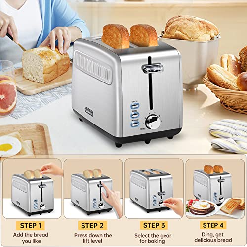 SEEDEEM Toaster 2 Slice, Stainless Steel Bread Toaster, 7 Shade Settings, 1.5'' Extra Wide Slots, Automatic Power-off, 900W, Silver Metallic