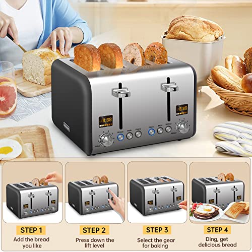 SEEDEEM Toaster 4 Slice, Stainless Steel Bread Toaster with Colorful LCD Display, 7 Bread Shade Settings, 1.4'' Wide,1800W, Dark Chocolate