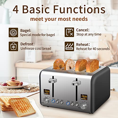 SEEDEEM Toaster 4 Slice, Stainless Steel Bread Toaster with Colorful LCD Display, 7 Bread Shade Settings, 1.4'' Wide,1800W, Dark Chocolate