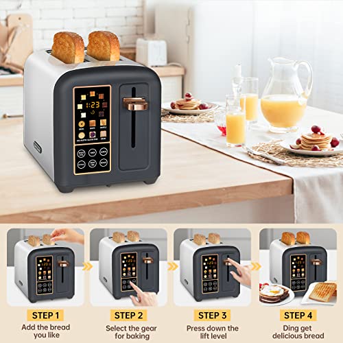 SEEDEEM Toaster 2 Slice, Stainless Steel Bread Toaster with LCD Display and Touch Buttons, 50% Faster Heating Speed, 1350W, Dark Choco