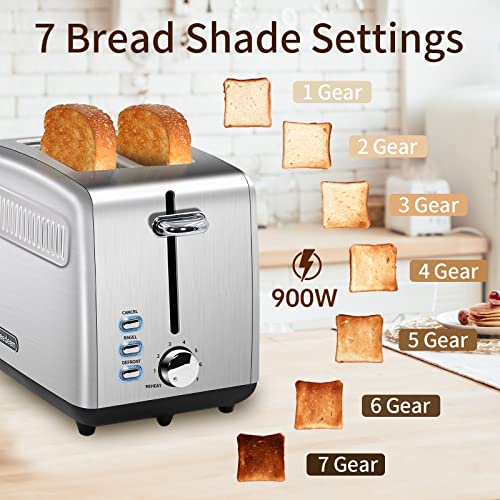 SEEDEEM Toaster 2 Slice, Stainless Steel Bread Toaster, 7 Shade Settings, 1.5'' Extra Wide Slots, Automatic Power-off, 900W, Silver Metallic